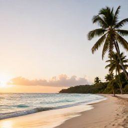 Caribbean Holidays, Grenada Wellness, Peaceful Grand Anse Beach in Grenada at sunrise, calm turquoise water, soft golden light and a few palm trees