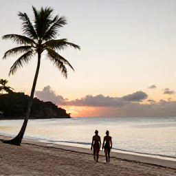 Caribbean Holidays, Grenada Wellness, Peaceful Grand Anse Beach in Grenada at sunset, with calm water, palm trees and a couple walking along the shoreline