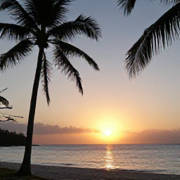 Caribbean Holidays, Grenada Wellness, Peaceful sunset over Grand Anse Beach in Grenada, calm sea, silhouettes of palms and warm evening light