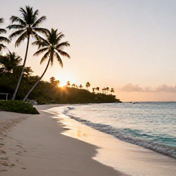 Caribbean Holidays, Grenada Wellness, Quiet Caribbean beach in Grenada at sunrise, calm turquoise water, soft sand and palm trees