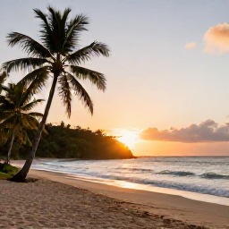 Caribbean Holidays, Grenada Wellness, Quiet Caribbean beach in Grenada at sunrise, gentle waves, palm trees and a peaceful wellness holiday atmosphere