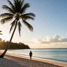 Caribbean Holidays, Grenada Wellness, Quiet Grenada beach at sunrise in March, calm turquoise water, palm trees and a relaxed traveller walking along the sand