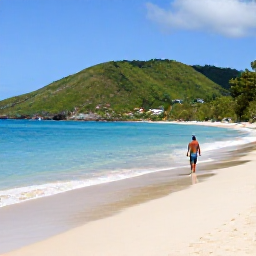 Caribbean Holidays, Grenada Wellness, Quiet stretch of Grand Anse Beach with a traveller walking barefoot beside clear water and green hills in the background