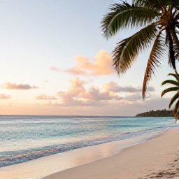 Caribbean Holidays, Grenada Wellness, Quiet tropical beach in Grenada at sunrise, calm turquoise sea, soft golden light and palm trees