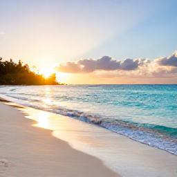 Caribbean Holidays, Grenada Wellness, Quiet tropical beach in Grenada at sunrise, calm turquoise water, soft sand, and a relaxed holiday atmosphere