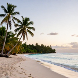 Caribbean Holidays, Grenada Wellness, Quiet tropical beach in Grenada at sunrise, calm turquoise water, soft sand and palm trees