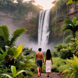 Caribbean Holidays, Grenada Wellness, Relaxed couple walking through tropical Grenada landscape near a waterfall, with lush vegetation and soft afternoon light
