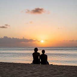 Caribbean Holidays, Grenada Wellness, Relaxed evening in Grenada with a couple watching the sunset from a quiet beach, warm sky and calm sea