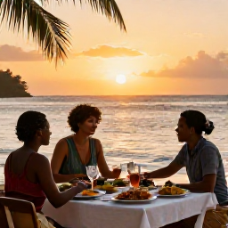 Caribbean Holidays, Grenada Wellness, Relaxed Grenadian dinner beside the sea at sunset, fresh local food, tropical setting and warm evening light
