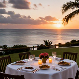 Caribbean Holidays, Grenada Wellness, Relaxed outdoor dinner in Grenada at sunset, with Caribbean food, candles and a view across the sea