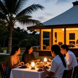Caribbean Holidays, Grenada Wellness, Relaxed outdoor dinner in Grenada with fresh local food, soft lantern light and a tropical evening atmosphere