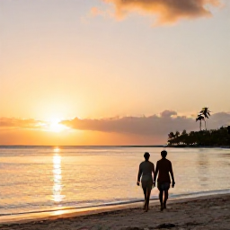 Caribbean Holidays, Grenada Wellness, Relaxed sunset scene on Grenada coast with a couple walking beside calm water and warm golden light
