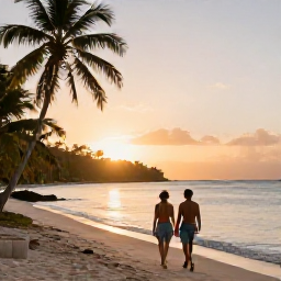 Caribbean Holidays, Grenada Wellness Retreats, Couple walking beside the sea at sunset in Grenada, with a relaxed waterfront, warm evening light and tropical scenery