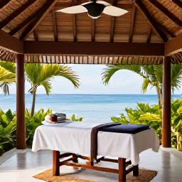 Caribbean Holidays, Grenada Wellness Retreats, Elegant open-air spa treatment area in Grenada surrounded by tropical plants, with sea views and natural wood details