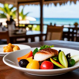 Caribbean Holidays, Grenada Wellness Retreats, Fresh Grenadian food served at a relaxed open-air restaurant, featuring tropical fruit, local vegetables, fish and island spices