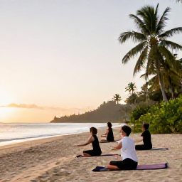 Caribbean Holidays, Grenada Wellness Retreats, Outdoor yoga session on a peaceful Grenada beach at sunrise, tropical greenery and calm sea in the background