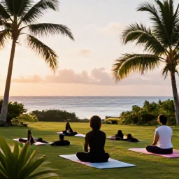 Caribbean Holidays, Grenada Wellness Retreats, Outdoor yoga session overlooking the Caribbean Sea in Grenada, surrounded by tropical greenery and soft morning light