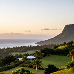 Caribbean Holidays, Grenada Wellness Retreats, Quiet hillside view over Grenada's green landscape and Caribbean coastline in soft early evening light
