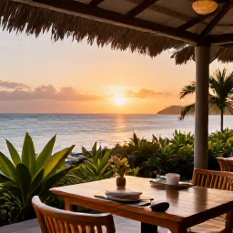 Caribbean Holidays, Grenada Wellness Retreats, Relaxed Grenadian restaurant terrace at sunset, fresh local food, tropical plants and views across the Caribbean Sea