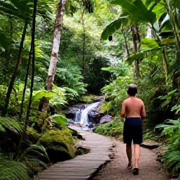 Caribbean Holidays, Grenada Wellness, Scenic Grenada rainforest trail with tropical foliage, a small waterfall and a visitor enjoying a peaceful nature walk