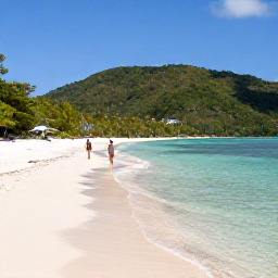 Caribbean Holidays, Grenada Wellness, Secluded sandy cove in Grenada with a couple walking beside clear water, lush hills and bright January sunshine