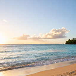 Caribbean Holidays, Grenada Wellness, Sunrise over Grand Anse Beach in Grenada, calm turquoise sea, soft golden light, peaceful Caribbean holiday scene