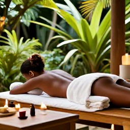Caribbean Holidays, Grenada Wellness, Traditional Grenadian spa treatment in a peaceful open-air setting, tropical garden, candles and natural oils