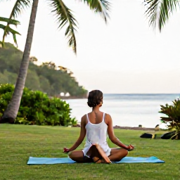 Caribbean Holidays, Grenada Wellness, Traveller enjoying a gentle yoga session beside the sea in Grenada, tropical greenery and calm morning light
