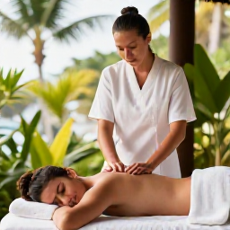 Caribbean Holidays, Grenada Wellness, Traveller receiving a relaxing massage at a peaceful Grenada spa, with tropical greenery and soft natural light