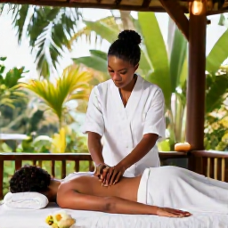 Caribbean Holidays, Grenada Wellness, Traveller receiving a soothing massage at an open-air spa surrounded by tropical greenery in Grenada