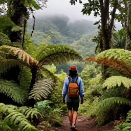 Caribbean Holidays, Grenada Wellness, Traveller walking through Grand Etang National Park in Grenada, surrounded by rainforest, ferns and misty green hills