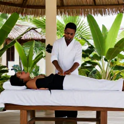 Caribbean Holidays, Grenada Wellness, Wellness traveller receiving a relaxing treatment at a stylish Grenada spa, with tropical plants and natural light