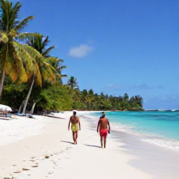 Caribbean Holidays, Guadeloupe Adults Only, A beautiful Guadeloupe beach in July with powder-white sand, turquoise water, lush green palms and two adults walking along the shoreline