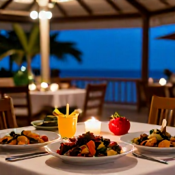Caribbean Holidays, Guadeloupe Adults Only, A candlelit table serving Creole seafood and tropical dishes at an open-air restaurant in Guadeloupe