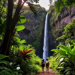 Caribbean Holidays, Guadeloupe Adults Only, A couple hiking through lush Guadeloupe rainforest towards a waterfall, with tropical plants, volcanic mountains and filtered sunlight