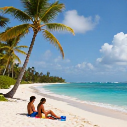 Caribbean Holidays, Guadeloupe Adults Only, A couple relaxing on a quiet Guadeloupe beach with white sand, clear blue sea and coconut palms