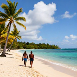Caribbean Holidays, Guadeloupe Adults Only, A couple walking along Grande Anse beach in Guadeloupe, with golden sand, clear water, coconut palms and bright February skies