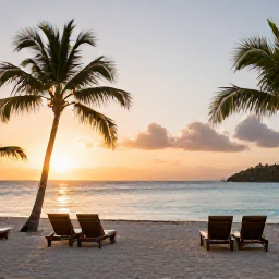 Caribbean Holidays, Guadeloupe Adults Only, A peaceful adults-only beachfront resort in Guadeloupe at sunset, with calm turquoise water, palm trees and comfortable loungers