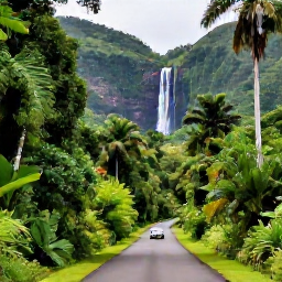 Caribbean Holidays, Guadeloupe Adults Only, A scenic Guadeloupe road through lush tropical rainforest leading towards a waterfall, with a small hire car and green mountains