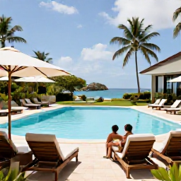 Caribbean Holidays, Guadeloupe Adults Only, A stylish adults-only hotel pool in Guadeloupe surrounded by tropical gardens, with sun loungers and a relaxed couple enjoying the view