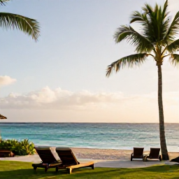 Caribbean Holidays, Guadeloupe Adults Only, A tranquil adults-only beachfront resort in Guadeloupe at golden hour, with palm trees, calm turquoise sea and comfortable sun loungers