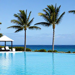 Caribbean Holidays, Guadeloupe Adults Only, Adults relaxing beside a peaceful infinity pool at a stylish Guadeloupe hotel, tropical palms and blue Caribbean sea in the background