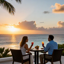 Caribbean Holidays, Guadeloupe Adults Only, An elegant adults-only hotel terrace in Guadeloupe at sunset, with a couple enjoying drinks overlooking the Caribbean Sea