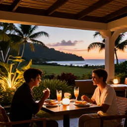 Caribbean Holidays, Guadeloupe Adults Only, An elegant open-air restaurant in Guadeloupe at sunset, with a couple enjoying Creole cuisine and drinks beside a softly lit tropical garden