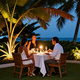 Caribbean Holidays, Guadeloupe Adults Only, An elegant outdoor dinner for two in Guadeloupe, with tropical plants, warm evening lighting and a glimpse of the sea