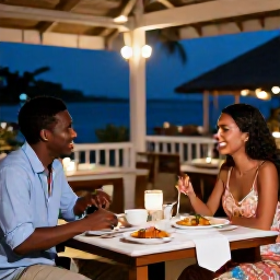 Caribbean Holidays, Guadeloupe Adults Only, Couple dining at an open-air Guadeloupe restaurant in the evening, with Creole dishes, soft lights and a relaxed Caribbean setting