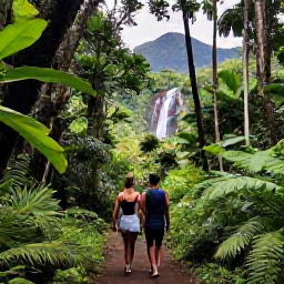 Caribbean Holidays, Guadeloupe Adults Only, Couple exploring a lush rainforest trail near a waterfall in Basse-Terre, Guadeloupe, with tropical plants and volcanic mountains