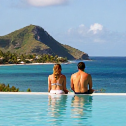 Caribbean Holidays, Guadeloupe Adults Only, Couple relaxing beside a quiet infinity pool at an adults-only resort in Guadeloupe, tropical hills and blue sea in the background