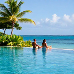Caribbean Holidays, Guadeloupe Adults Only, Couple relaxing beside a quiet infinity pool at an adults-only resort in Guadeloupe, with tropical greenery and blue Caribbean sea