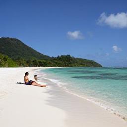 Caribbean Holidays, Guadeloupe Adults Only, Couple relaxing on a quiet Guadeloupe beach in May, with white sand, clear shallow water and green hills in the background